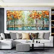 Large Handmade Autumn Tree Oil Painting Golden Foliage Reflected in Blue Water Textured Leaves Above Sofa Cozy Living Room Decor Seasonal Wall Art Tangerine Su