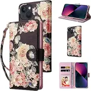 UEEBAI Wallet Case for iPhone 13 6.1 inch, PU Leather Phone Case Kickstand RFID Blocking Flip Case with Card Slots Wrist Strap Relief Engraved Pattern Magnetic Closure Folio Case, Black Rose