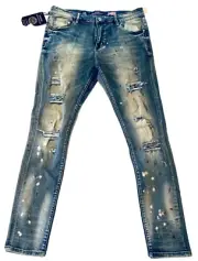 Damati Mens 36 Distressed Washed Jeans Rips Holes Destroy Denim Tapestry Patches
