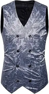 [SMBHIAON] Dress Suit Vest - Classic Cashew Flower Print V-Neck Double Breasted Regular Business Vest For Men'S,Fashion Sleeveless With Pocket Cardigan Suit Waistcoat Top