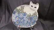 Studio Pottery Cat Platter Signed AR Figural Flowers 12 x 12