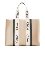 Chloé Large Woody Tote Bag in Linen White/Blue