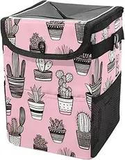 Car Trash Can with Lid and Storage Pockets Leak-Proof Organizer,Multipurpose Trash Bin for Car,Black Plant Pink Background