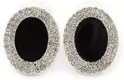 [Avalaya] 20mm L/Crystal Black Enamel Oval Stud Earrings for Women/Rhodium Plating, Crystal