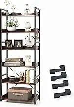 Costway 6-Tier Bookshelf with 4 Hooks, Industrial Storage Bookcase, Tall Freestanding Display Shelf with Anti-Tipping Device, Adjustable Foot Pads, for Living Room, Bedroom, Balcony
