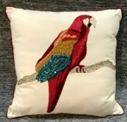 Pier 1 Imports Beaded Red Parrot Ivory Decorative Pillow 20" x 20" Sequins NWT