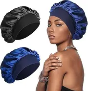 Hroevc 2PCS Silk Bonnet Satin Bonnet, Silk Hair Wrap for Sleeping, Soft and Comfortable Silk Sleep Cap (Black+Blue)