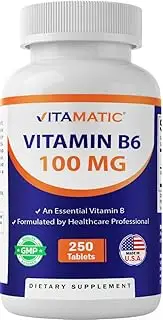 Vitamatic Vitamin B6 (Pyridoxine HCI), 100mg 250 Vegetarian Tablets - Promotes Energy Production, boosts Metabolism and Immune Health Support
