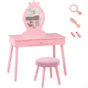 Costway Dressing Table Stool Set Wood Makeup Dresser Vanity Table w/Mirror & Drawer Princess Birthday Gift Pink