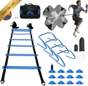 30PCS Agility Training Kit, 6M Ladder, 4 Hurdles, 12 Cones, Parachute, Ball Net