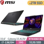 MSI微星 CYBORG 15 A13VFK-831TW-SP3 黑(I7-13620H/16G/2TB SSD/RTX4060 8G/W11/15.6)特仕