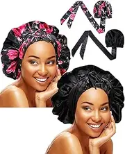 Syhood 2 Pieces Soft Satin Head Scarf Sleeping Cap Bonnet Headwear Head Wrap Turbans for Women Long Curly Hair, Braids