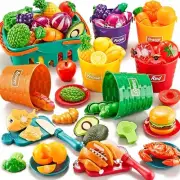Play Food Sets for Kids Kitchen, 77Pc Color Sorting Toy Food with Storage Basket
