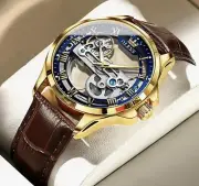OLEVS Skeleton Watches for Men Automatic Self Winding Mechanical Luxury Leather