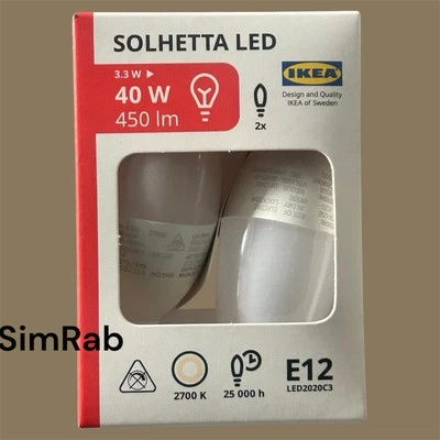 IKEA SOLHETTA LED bulb E12 450 lumen, chandelier/opal 2700 K (2-PACK) NEW