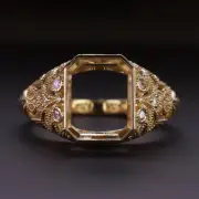VINTAGE STYLE EMERALD CUT RING SETTING NATURAL DIAMOND FILIGREE DOME YELLOW GOLD