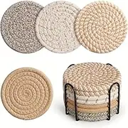 Chamgeco 8Pcs Drink Coasters with Metal Holder, Boho Cotton Woven Absorbent Coasters for Drinks, 4 Colors Minimalist Cup Coaster Set for Home Decor Coffee Table Protection Housewarming (Multi-color 1)