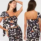 NWT Just Bee Queen Cut Out Satin Harlow One Shoulder Crop Top Navy Floral