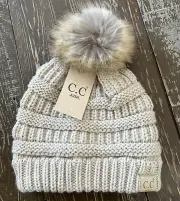New C. C Kids Ribbed Knit Children’s Winter Hat Beanie Cap Size M-L Beige Pom