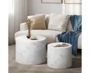 Oikiture Coffee Table Set of 2 Round Side Tables Sofa Cafe Marble Effect White