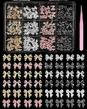 120 Pcs Alloy Bow Nail Charms and Gems, Silver Gold Black Bowknot Metal Nail Art Charms, Shiny Luxury Cute Bow Nail Jewelry for Nails Design Manicure Accessories