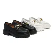 EVERAU® Women Leather Gold Buckle Platform Chunky Loafers Della - Black / AU Ladies 7 / AU Men 5 / EU 38