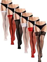 [Xuhal] 6 Pairs Women Thigh High Stocking Anti Slip Elastic Lace Top Silky Sheer Fishnet Knee Thigh High Socks for Women