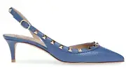 Valentino Rockstud 50 Blue Gold Stud Slingback Strap Sandal Kitten Heel Pump 38