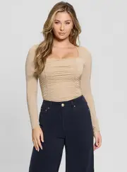 GUESS Women's Beige Adrianna Shirred Top Size: XS, Elastane