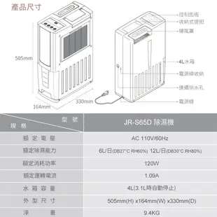 Mistral美寧 12L薄型液晶智慧節能除濕機 JR-S65D 白色 (一級節能可退稅500元) (8.5折)