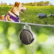 30ft Retractable Dog Tie Out Cable, 2-in-1 Retractable Dog Leash for Dog Zipline, Aerial Run Cable Dog Lead Trolley Or Dog Stake Dog Anchor, No Tangle Retractable Dog Tie Out Reel for Camping Or Yard