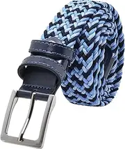 [GRESEL] Braided Men's and Women's Belt, Made of Elastic Fabric with Inserts Made of Genuine Leather, Light blue mix, 110 (46-50)