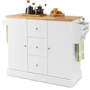 Giantex Mobile Kitchen Island Cart Serving Trolley w/Rubber Wood Countertop & Adjustable Shelves Buffet Sideboard Cabinet White