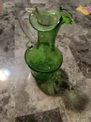 Vintage Pilgrim Glass Avocado Green Crackle Glass Pitcher with Clear Handle