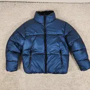 Nicole Miller Puffer Jacket Womens Large Blue Short Faux Fur Sherpa Lined Zip