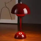 Wine Red Mushroom Table Lamp - 3 Color Stepless Dimmable Touch, Rechargeable Bat