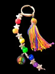 Handmade Beaded Peace Sign Charm Rainbow Beaded Tassel Keychain. One Of A Kind