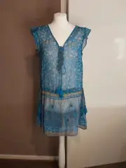 Next blue floral beaded embellished semi sheer top shirt longline blouse kaftan