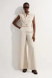 Cotton Sateen Utility Top Stitch Detail Woven Jumpsuit With Gold Hardware