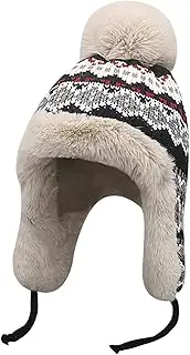 [YJZQ] Women's Fleece Lined Ski Hat Thick Floral Knit Pom Pom Bobble Beanie Cap Hat with Ear Flap for Ladies Winter Hat Cap for Teenage Girls