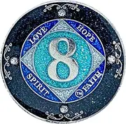 (Years 1-50) NA 8 Year Crystals and Glitter Medallion, Silver Color Plated Coin, Black Rainbow, Blue Glitter and Four Clear Crystals, Epoxy Covered (NA 8 Years Clean Time)