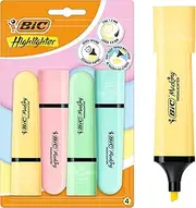 BIC Marking Flat Higlighter Pastel Highlighters Set of 4, 4 Pastel Colours (Yellow, Blue, Pink, Green), Water-Based, Quick Dry Ink