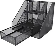 Mesh Desk Organizer, 3 Tier Vertical Desktop File Folder Holder with Sliding Drawer, 2 Pen Holders, Letter Tray, Desk File Organizer Desktop Organizer for Office Supplies