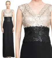 Tadashi Shoji Rema Sequin Lace Bodice Ginseng Black Crepe Dress Gown 10