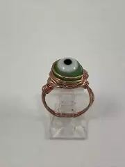 Handmade ~ Copper Wire Wrap ~ Evil Eye Green Glass Bead Ring ~ Size 6 1/2 #145