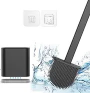 Silicone Toilet Brush-Soft Flat Toilet Brush with Holders, Cleaning Brushes Set for Bathroom,Flexible Toilet Bowl Brush Head with Silicone Bristles,Wall Mounting Leak Proof Slots Base (Black)