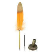 Feather Pen Quill, Feather Ballpoint Pen with Bronze Pen Holder, Orange