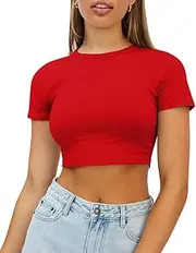 [WYNNQUE] Womens Crop Tops Cute Summer Scoop Neck Basic Tees Slim Fit Trendy Short Sleeve T Shirts for Teen Girls 2024