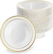 MATANA 25 White Plastic Bowls with Gold Rim, Soup Plates, Soup Bowls for Weddings, Birthdays, Christenings, Christmas & Parties (360 ml) - Reusable & Stable