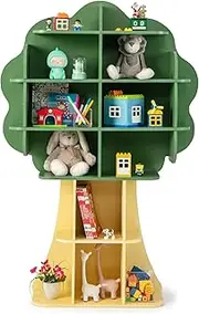 HONEY JOY Bookcase for Kids, 2-Tier Toy Storage Organizer with Open Storage Shelves, Anti-Toppling System, Lovely Toddler Wooden Bookshelf for Play Room, Nursery, Kindergarten (Tree)